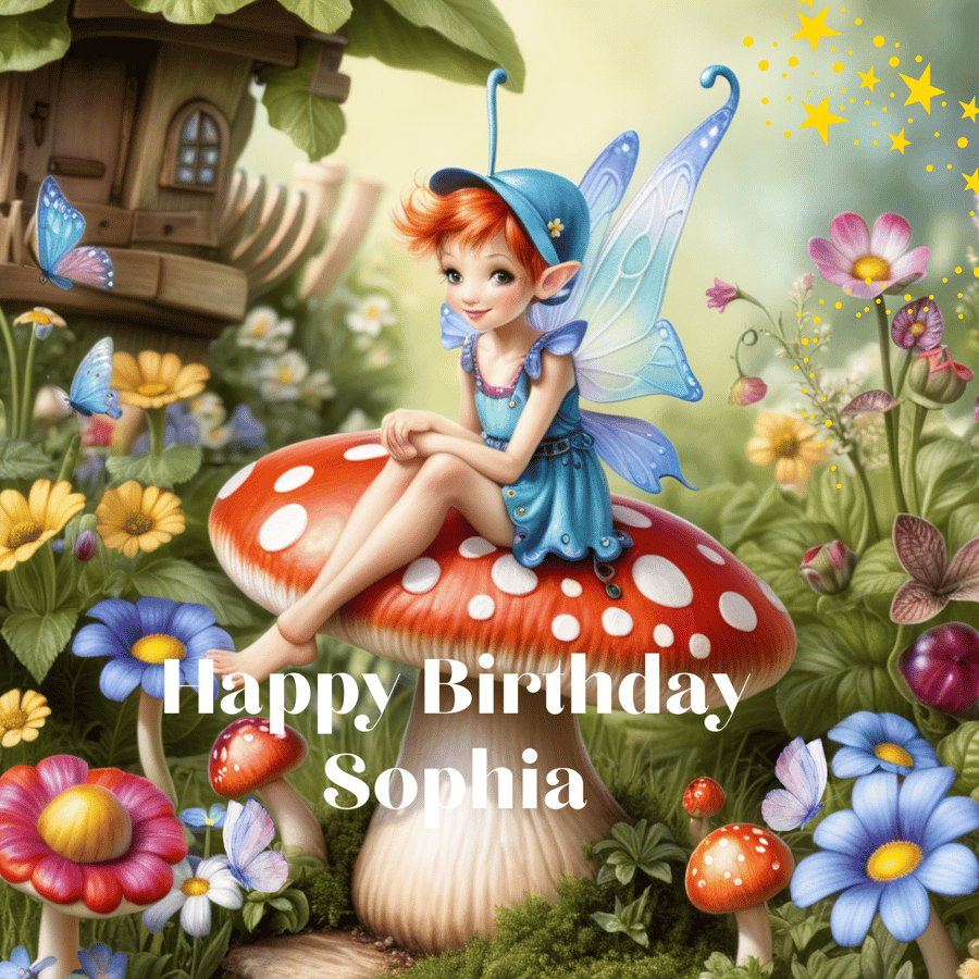 Personalised Birthday Card, Cute whimsical fairy sitting on a toadstool