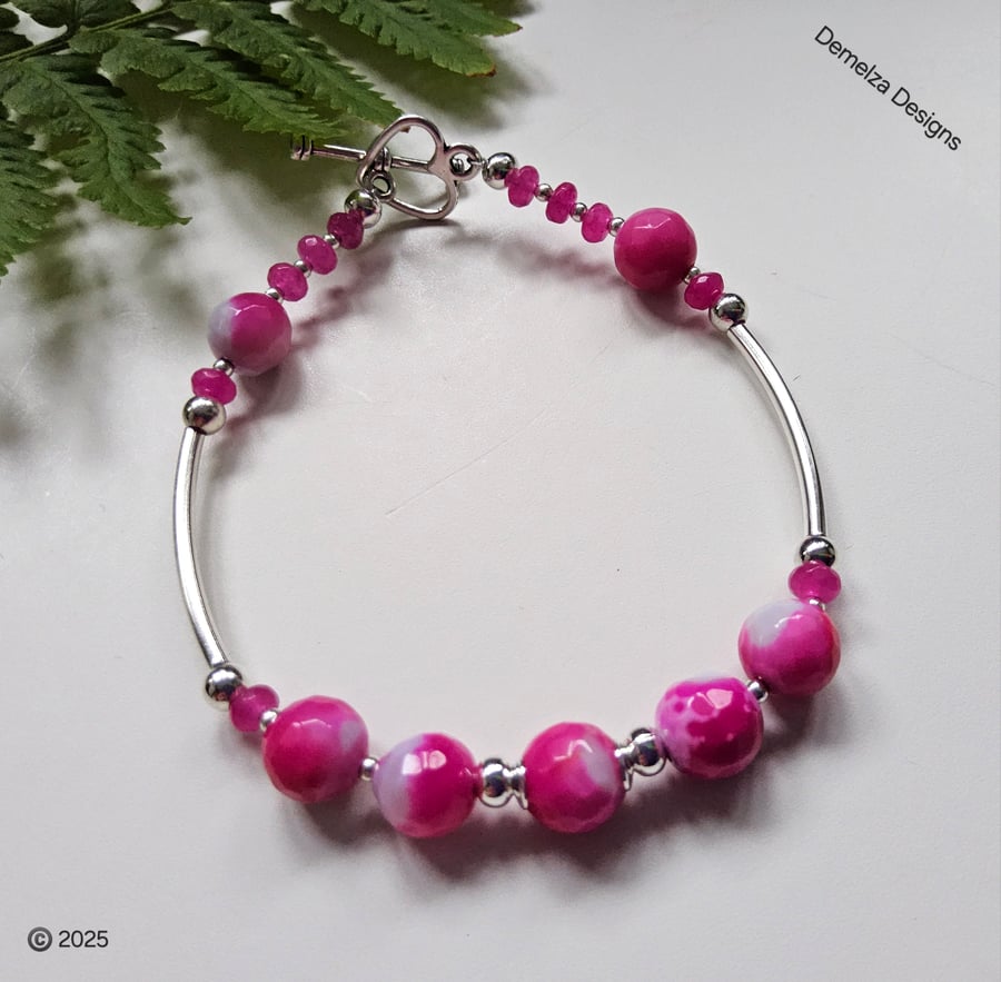 Agate & Quartzite Hot Pink Bangle Bracelet Tibetan Silver Toggle clasp 