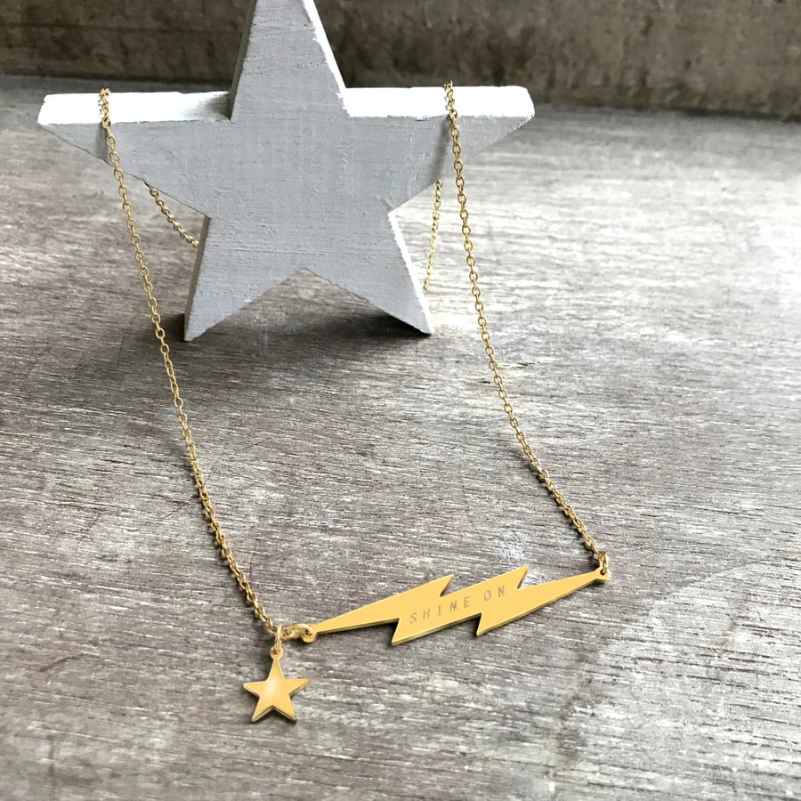 Personalised Gold Lightning Bolt Necklace with Star Charm, anniversary gift, cry