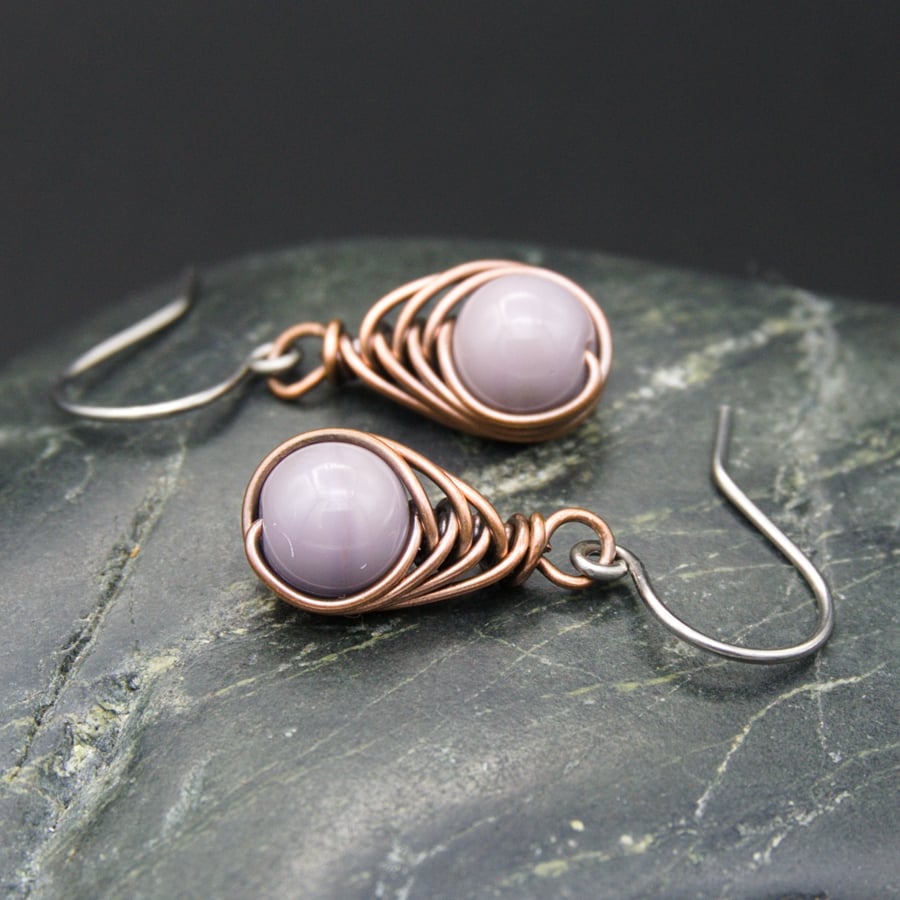 Copper Wire Wrapped Earrings with Lilac Beads