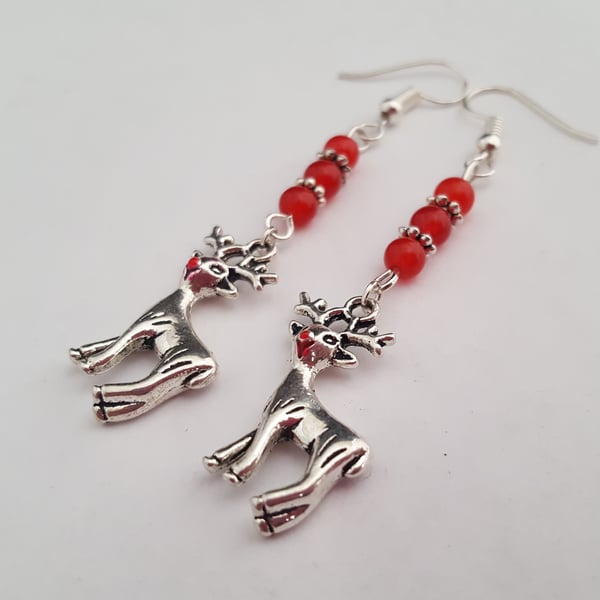 Rudolph earrings with red jade beads