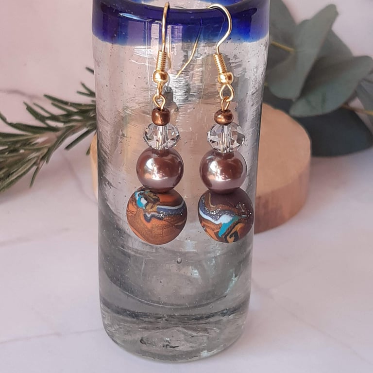 Handmade Chocolate Brown, Turquoise and Gold Swirl Polymer Clay Dangly Earrings