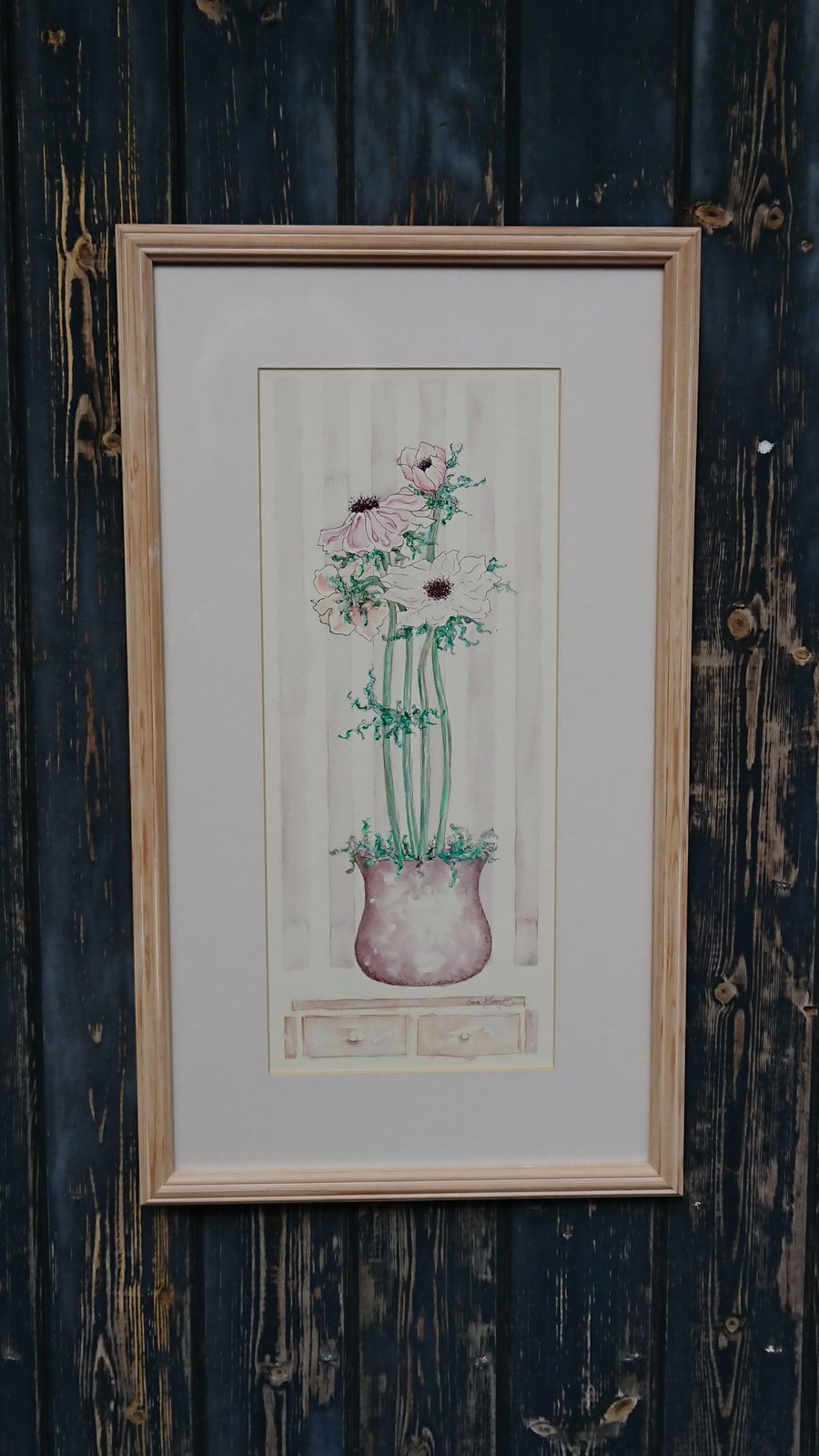 Anenomes in purple pottery vase original watercolour painting