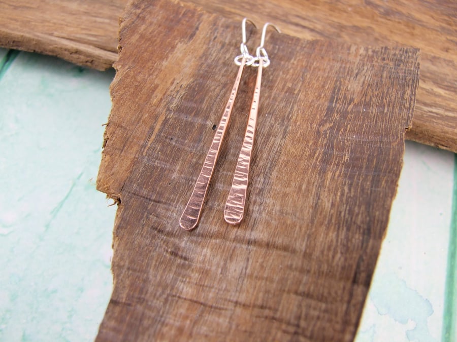 Earrings, Line Texture Hammered Copper Dropper with Sterling Silver