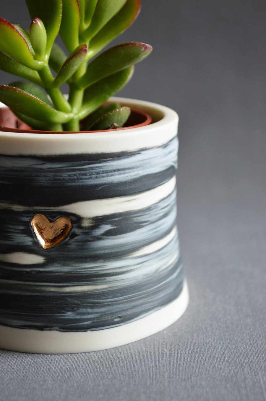 Thrown Porcelain Planter with Gold Heart ( White, Black & Grey)