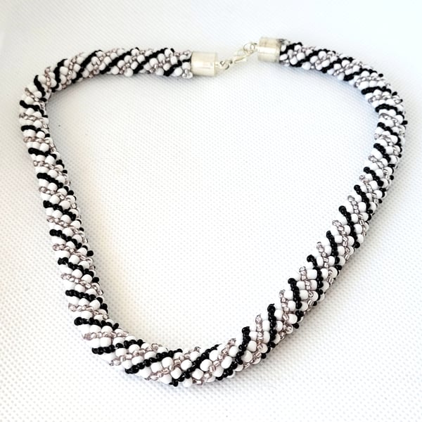 Black silver and white twisted rope seed bead necklace