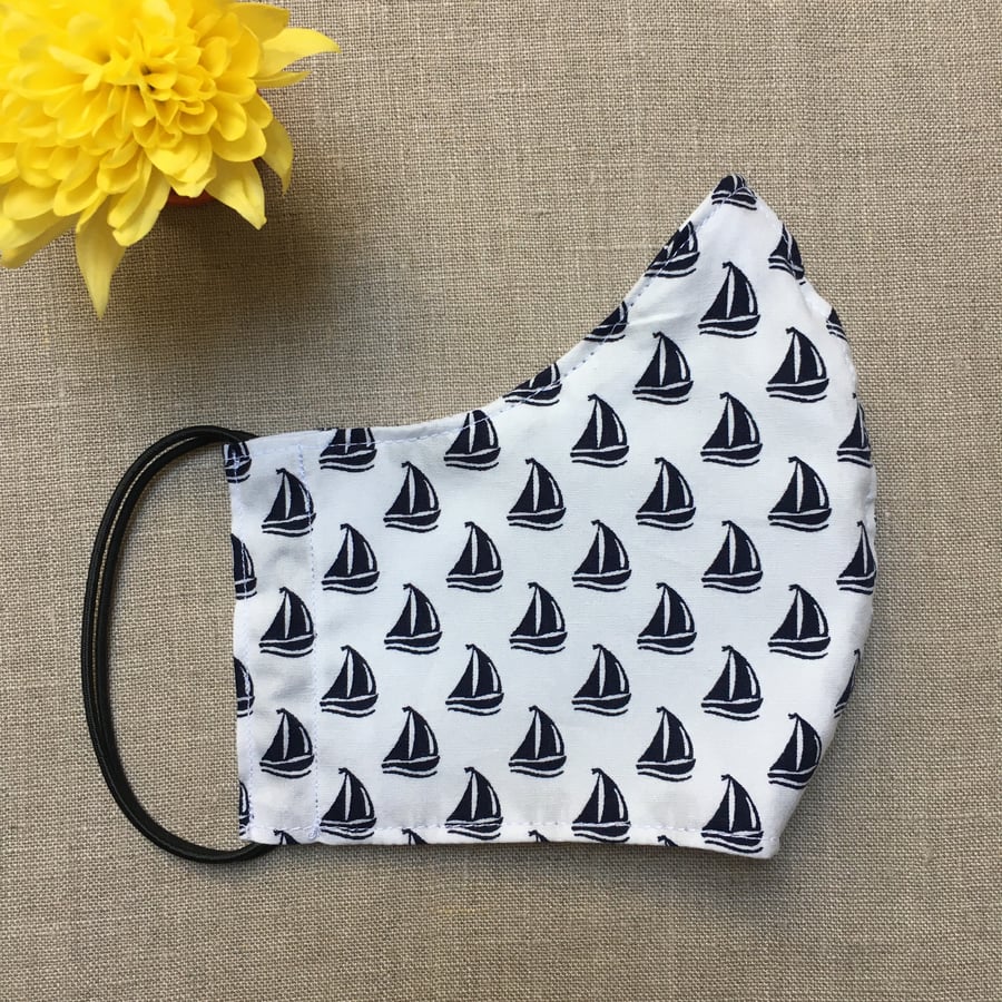 SALE Blue & White Sailing Boats Cotton Fabric Face Mask Womens Medium