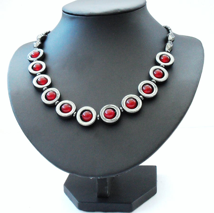 Hematite & red jade necklace