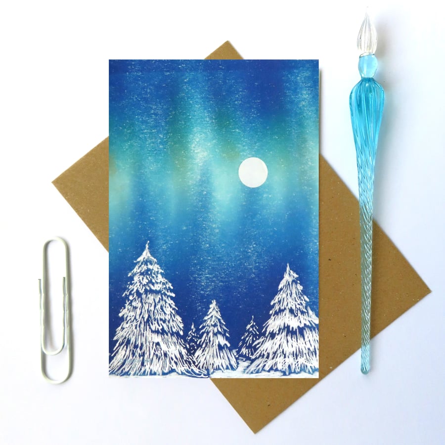 snow moon trees blank greeting card notelet northern lights cello free