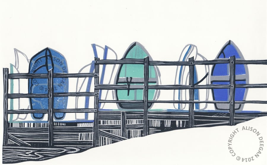 UPNOR DINGHIES (BLUE) lino print boat 