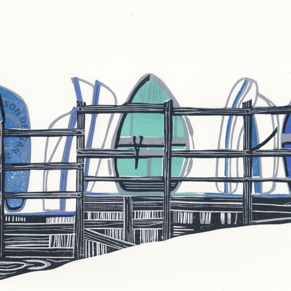 UPNOR DINGHIES (BLUE) lino print boat 