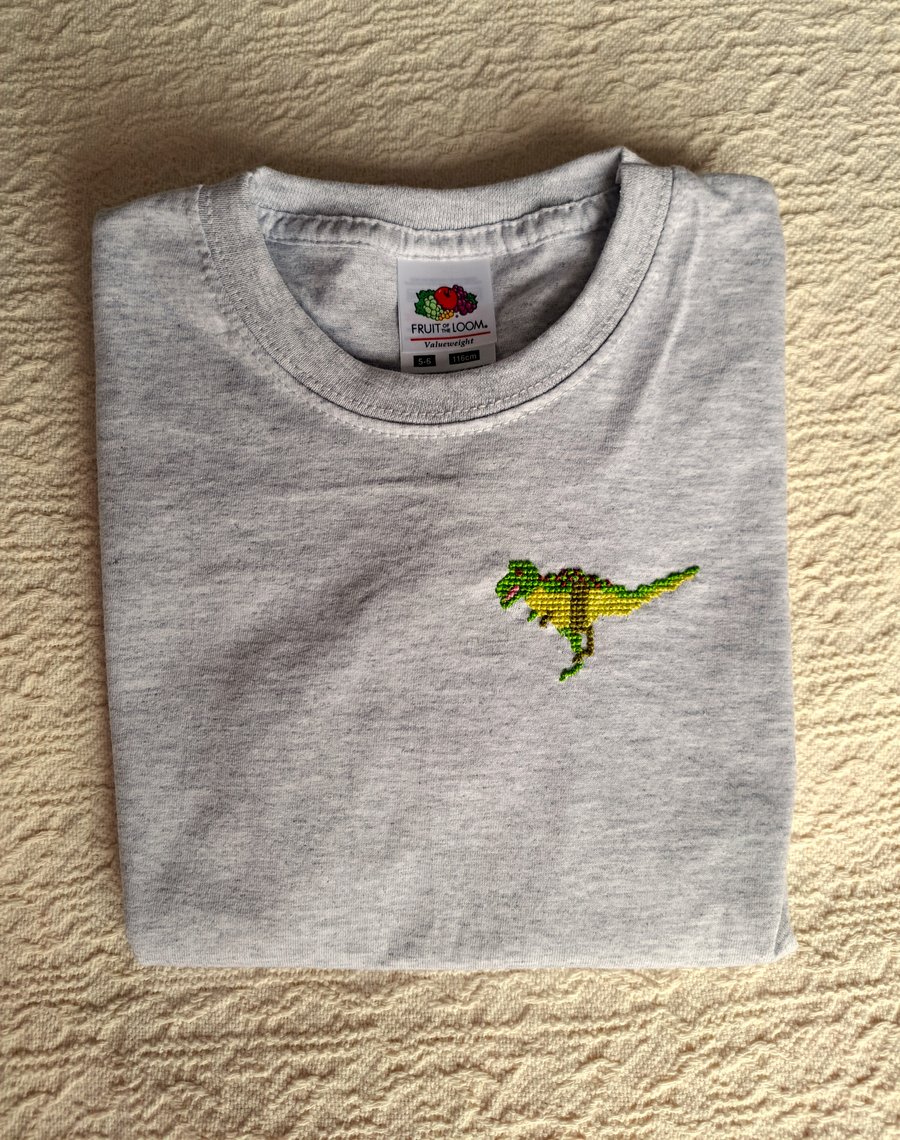Dinosaur T-shirt, age 5-6, hand embroidered