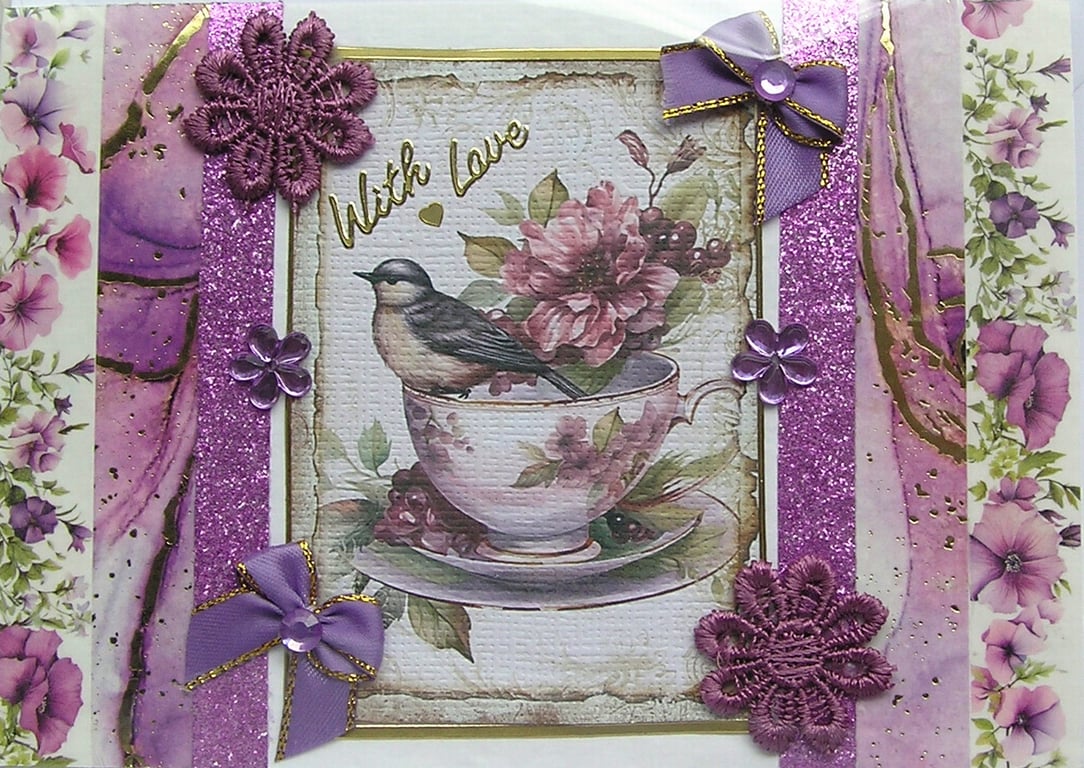 Garden Bird - Hand Crafted Decoupage Greeting Card - With Love (3317)