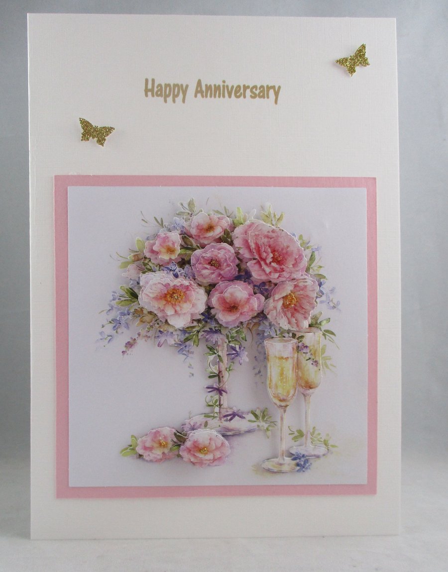 Handmade Decoupage, 3D  Anniversary Greeting Card Roses , Champagne, Personalise