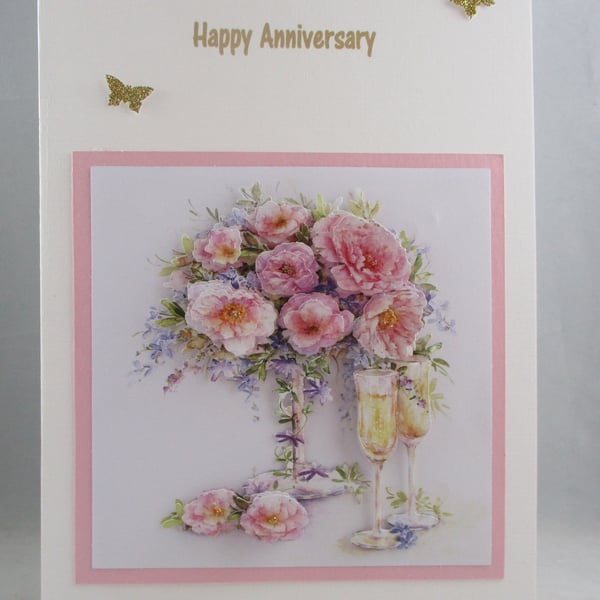 Handmade Decoupage, 3D  Anniversary Greeting Card Roses , Champagne, Personalise