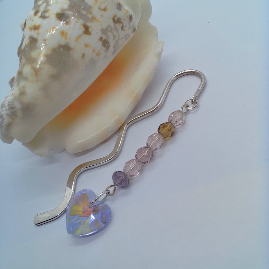 Lilac Crystal Heart Beaded Bookmark with Crystal Beads, Book Lovers Gift
