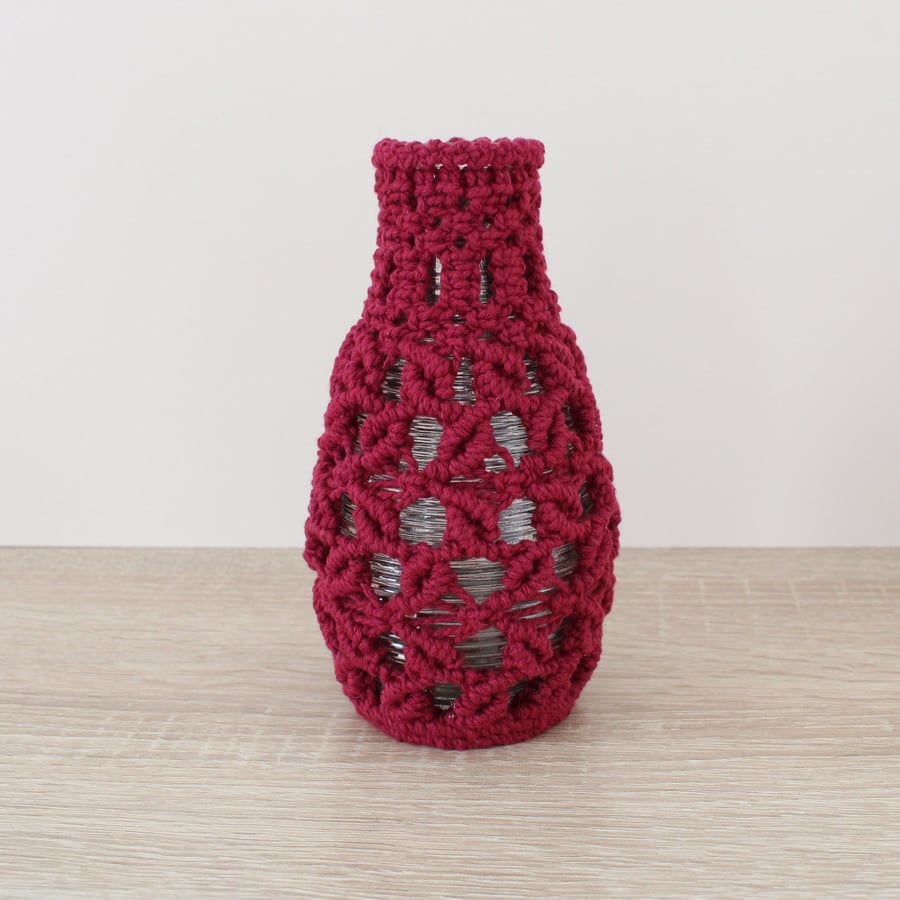 Macrame covered vase, small bud vase