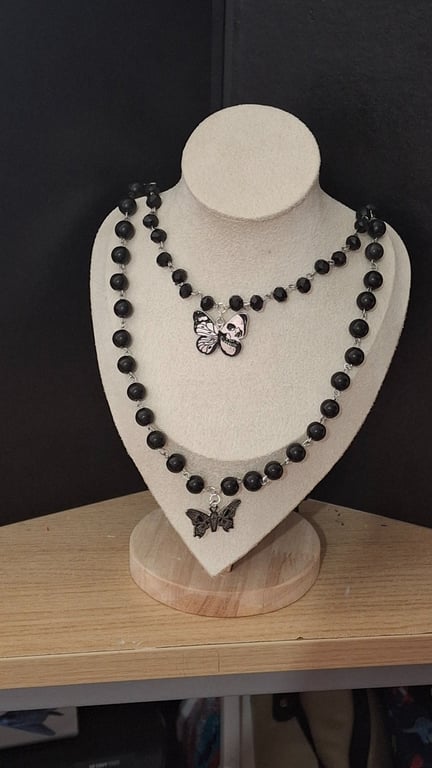 Gothic Skull Butterfly  Twin Necklace Black & Silver Handmade With Love