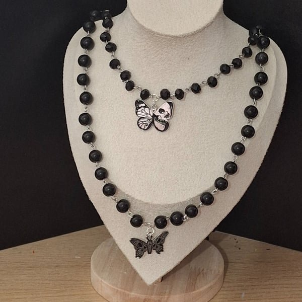 Gothic Skull Butterfly  Twin Necklace Black & Silver Handmade With Love