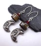 lampwork glass red and silver earrings, pewter man in the moon - Image 2