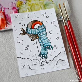 snowy robin in scarf - original aceo