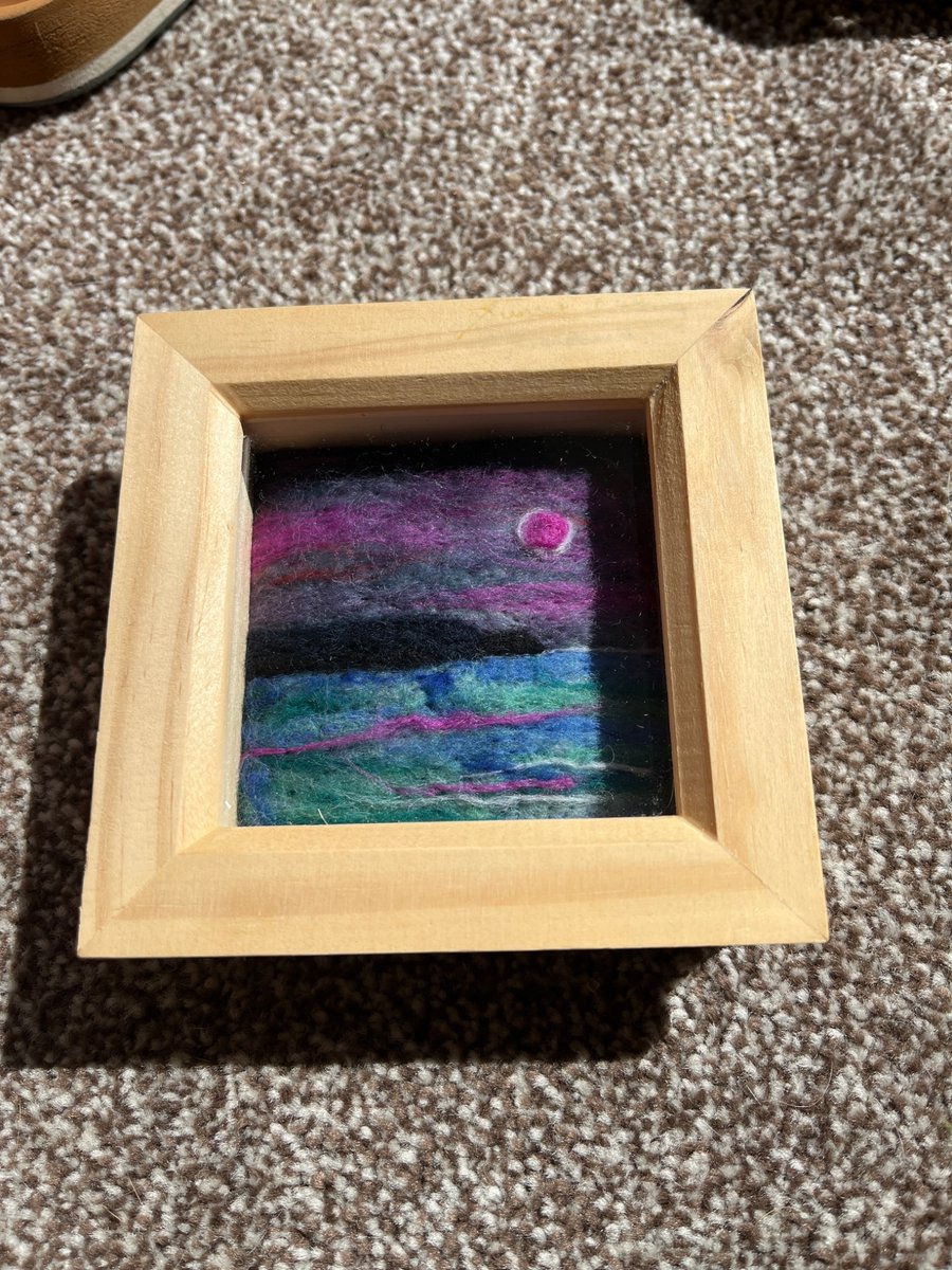 Pink Sunset over cliffs and sea needle felt pine box frame 