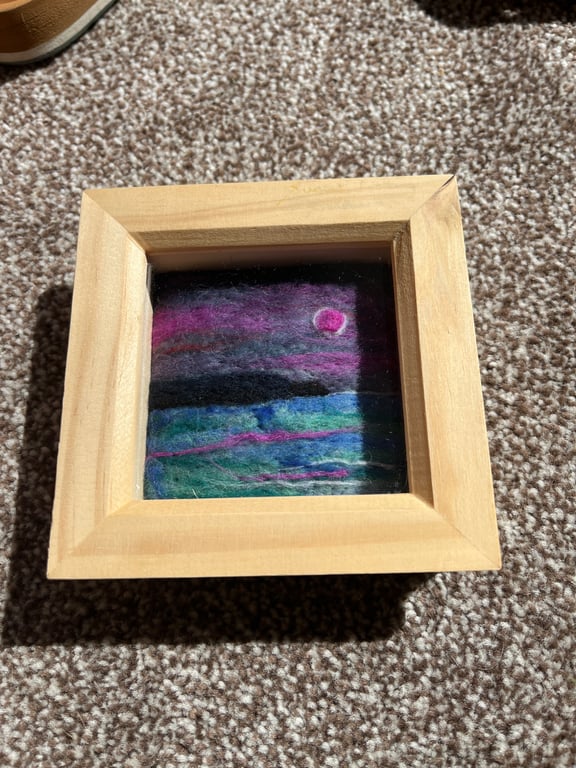 Pink Sunset over cliffs and sea needle felt pine box frame 