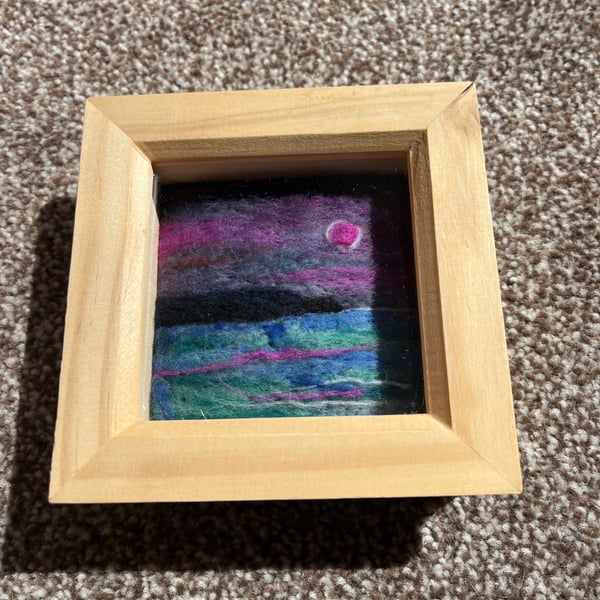 Pink Sunset over cliffs and sea needle felt pine box frame 