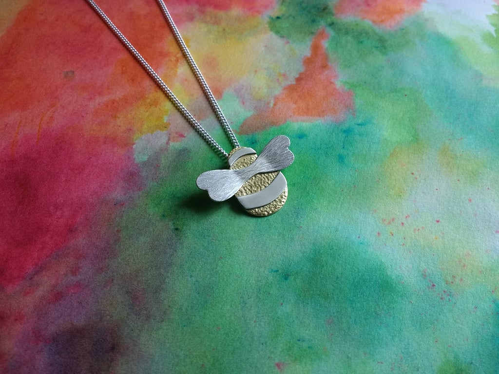 Bumble Bee Pendant, Brass, Silver Stripes & Aero-Wings, Sterling Silver Chain