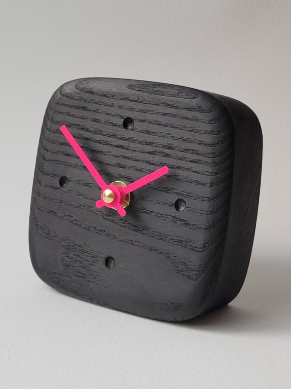 Desk Clock - Ebonised Black Oak & Neon Pink Hands Dot Indicators