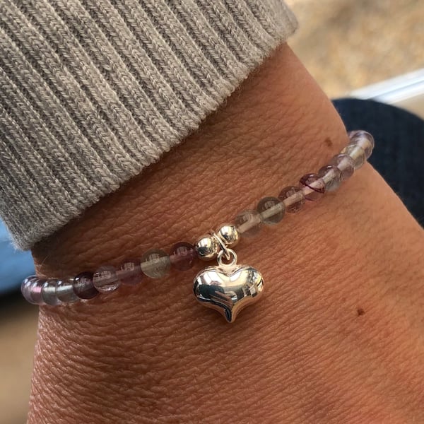 Fluorite bracelet with puffed heart charm