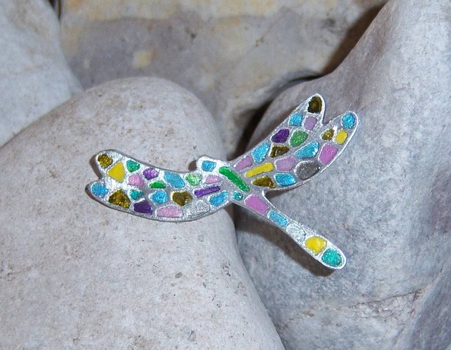 Dragonfly brooch in glass painted etched pewter