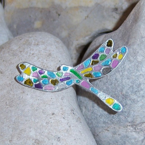 Dragonfly brooch in glass painted etched pewter