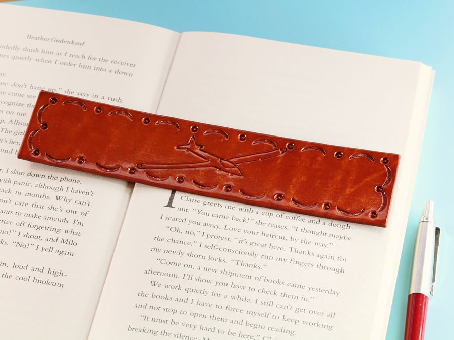 Hand Carved Glider Leather Bookmark, Plane Leather Book Mark, Glider Pilot Gift
