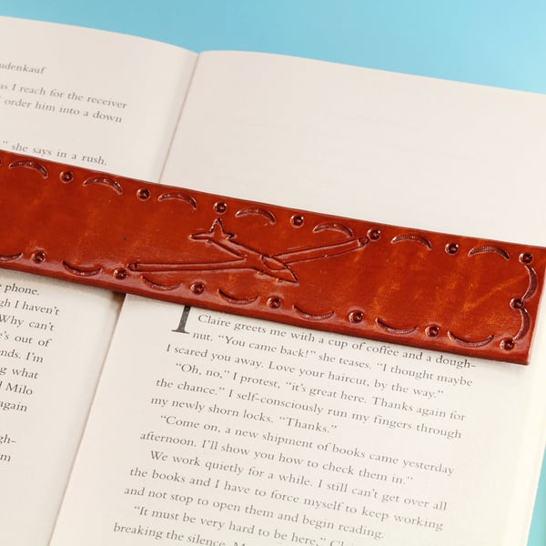 Hand Carved Glider Leather Bookmark, Plane Leather Book Mark, Glider Pilot Gift