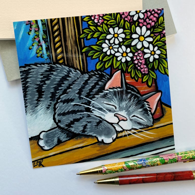 Sleeping Tabby Cat & Flowers – Cat Lover's Postcard
