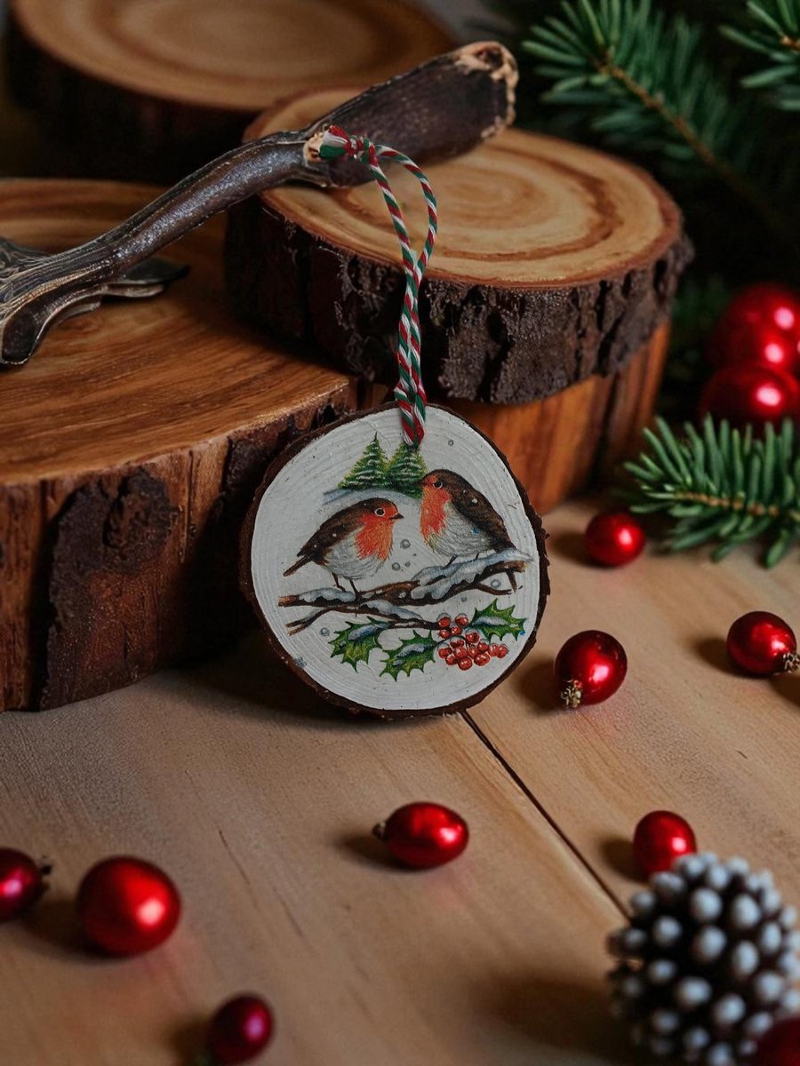 Rustic Robins Round Wooden Christmas Decoration Tree Ornament