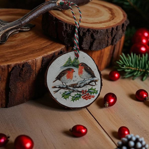 Rustic Robins Round Wooden Christmas Decoration Tree Ornament