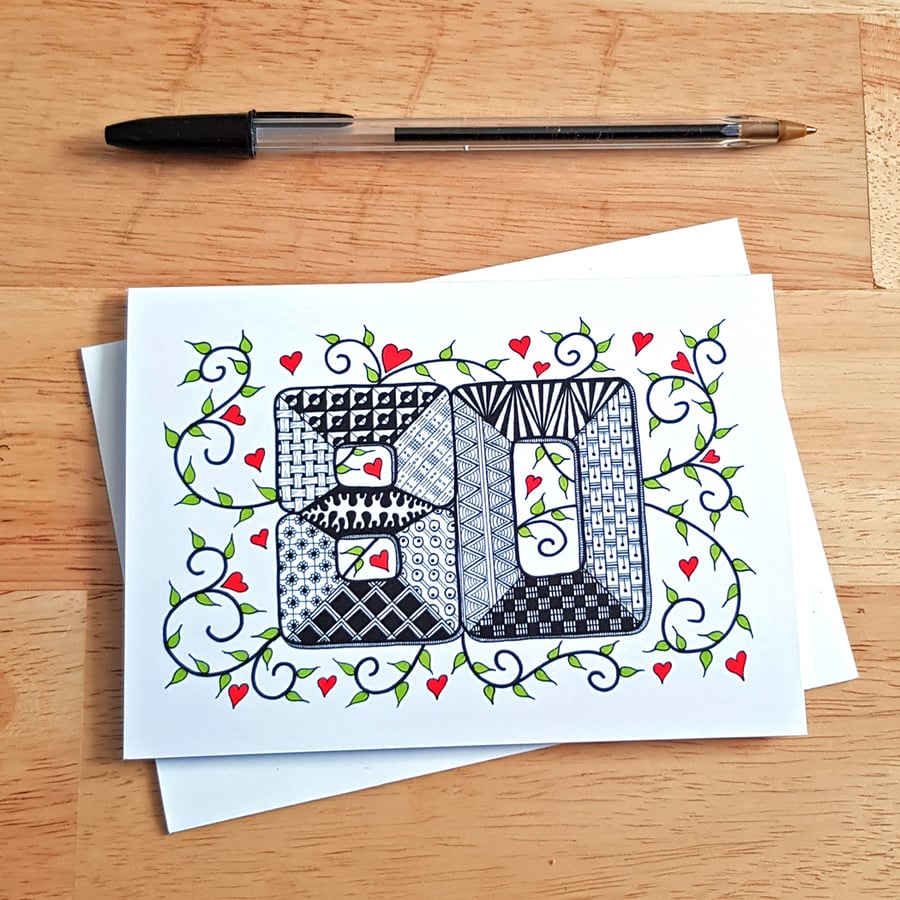 80th Birthday Card - Patterned Doodle Art Milestone Card