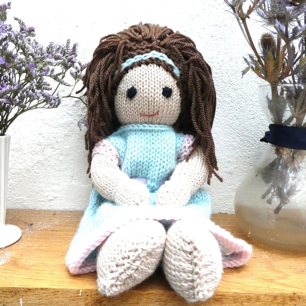 Doll. Hand Knitted Doll 12" handmade Doll with Brown Hair & Removable  Dress
