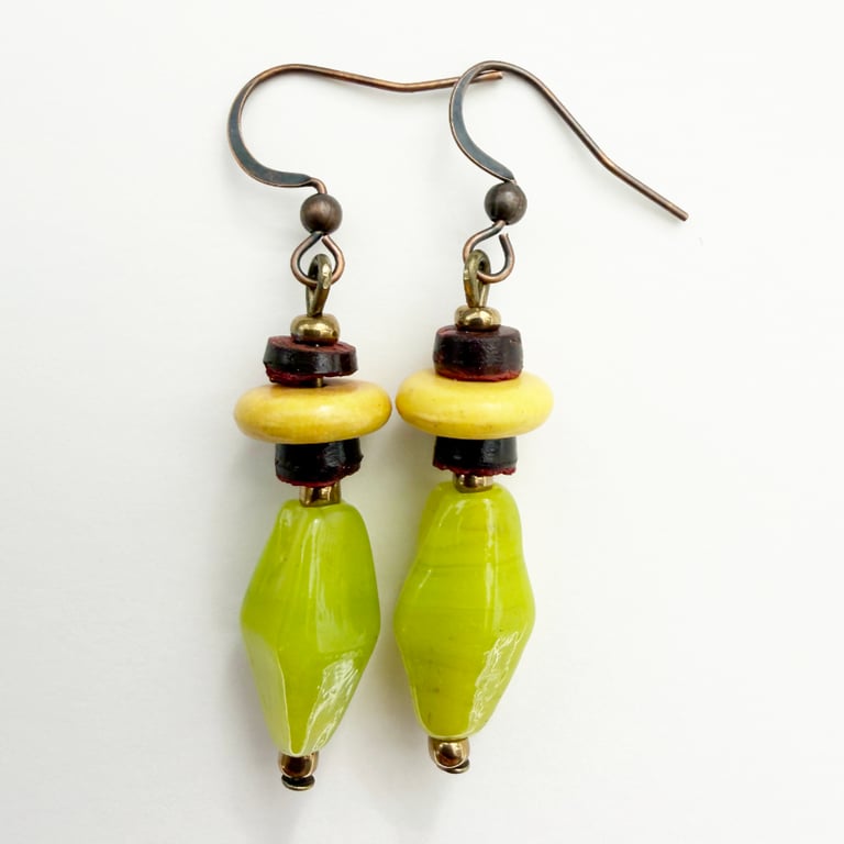 Lime Green, Brown And Yellow Beaded Dangle Drop African Inspired Earring