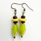 Lime Green, Brown And Yellow Beaded Dangle Drop African Inspired Earring