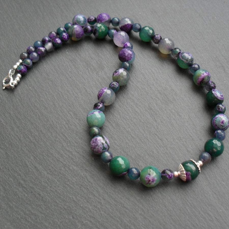 Lilac Purple and Green Agate Beaded Sterling Silver Necklace