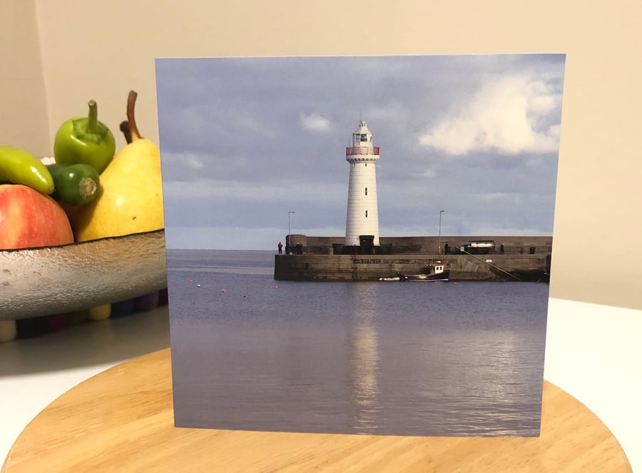 Greetings Card. Donaghadee Lighthouse Reflection. Blank for your own message. Al
