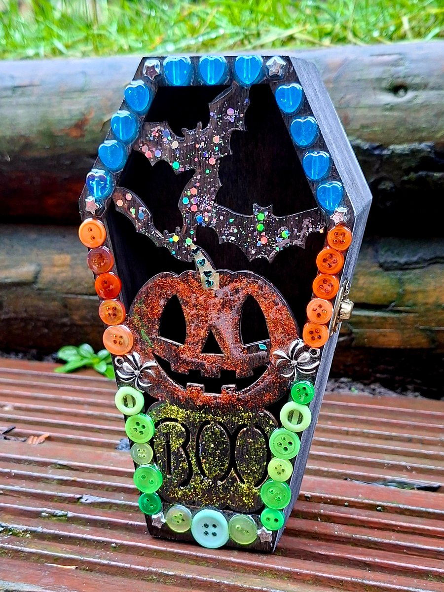 Wooden Coffin Trinket Jewellery Box bat pumpkin spooky gothic 