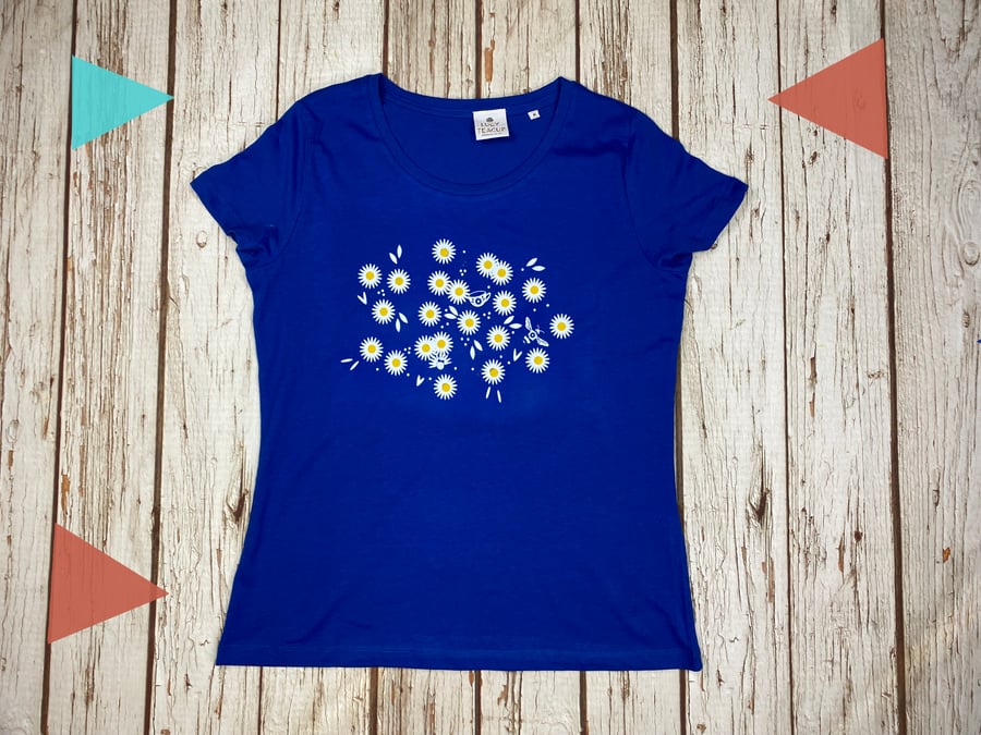 Organic Cotton Daisy Print Women's Royal Blue T-Shirt