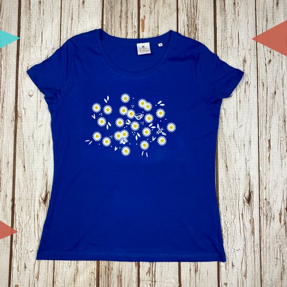 Organic Cotton Daisy Print Women's Royal Blue T-Shirt