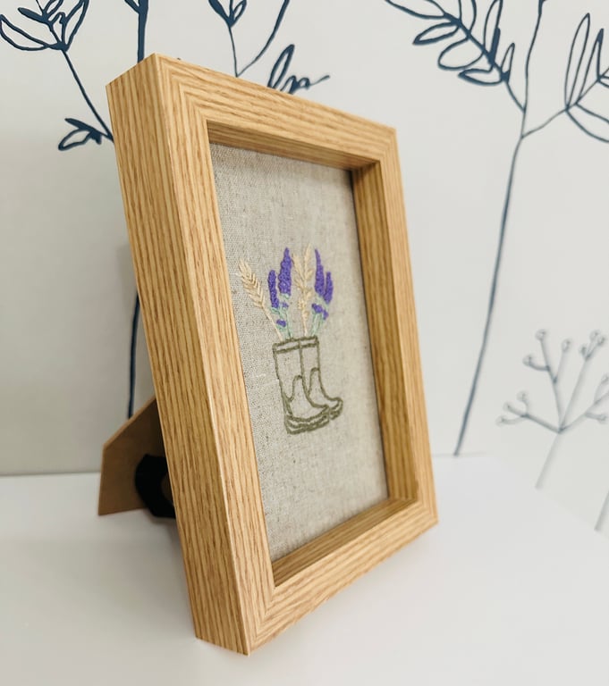 Embroidered Cottage style framed picture of wellies wheat and lavender