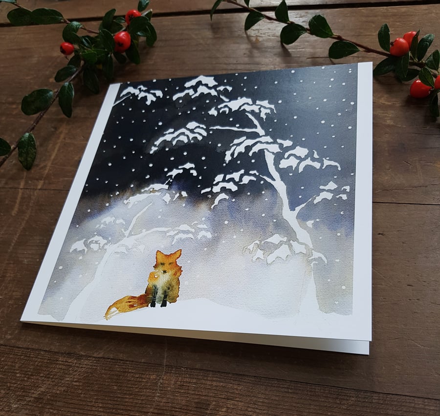Fox in the snow Christmas card, Japanese watercolour, painted, artist card 