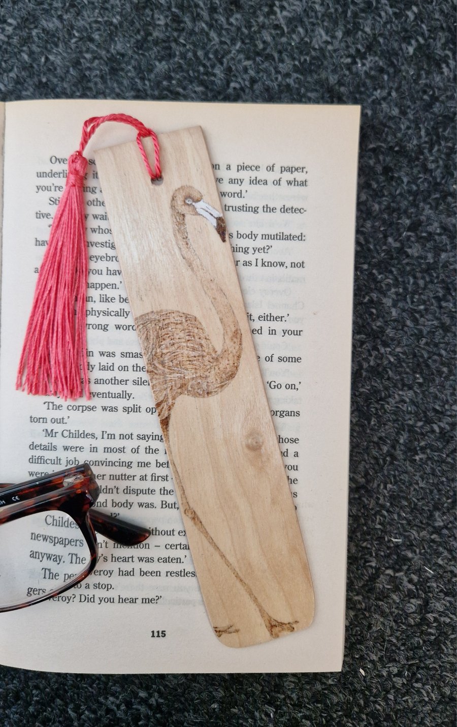 Hand Burned Wooden Bookmark -  Flamingo
